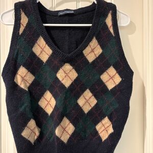 Brandy Melville Black and Cream Argyle V-Neck Sweater